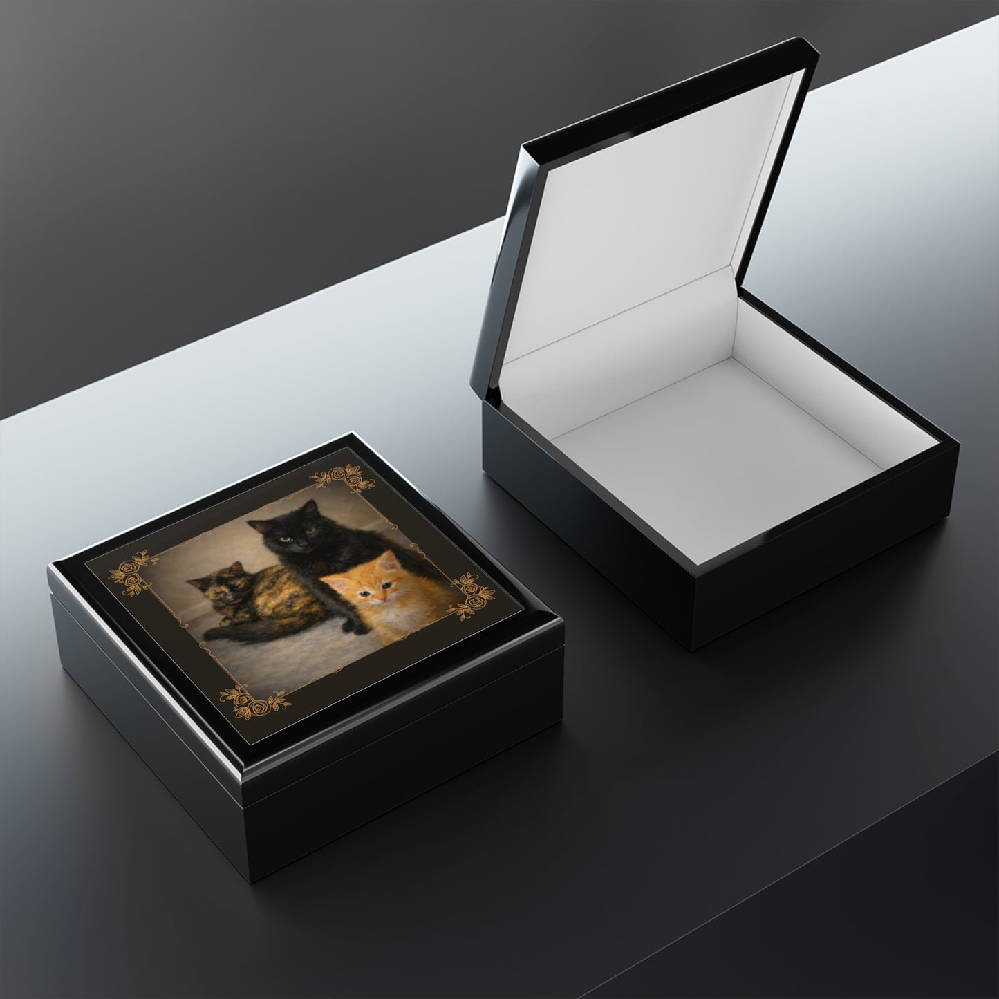 Cat Family Jewelry Box — Decorative Keepsake Box with Black, Tortoiseshell & Orange Kitten Art