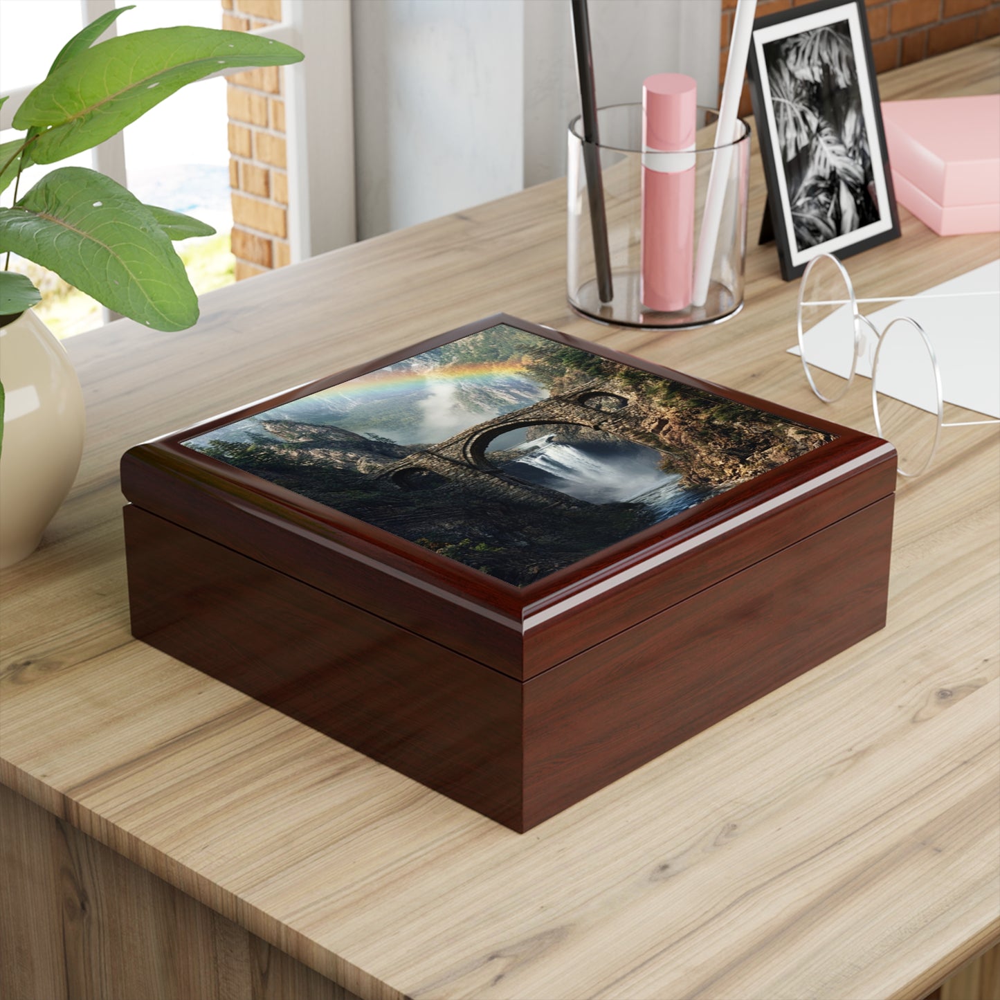 Jewelry Box - Scenic Stone Bridge Waterfall with Rainbow Keepsake Box