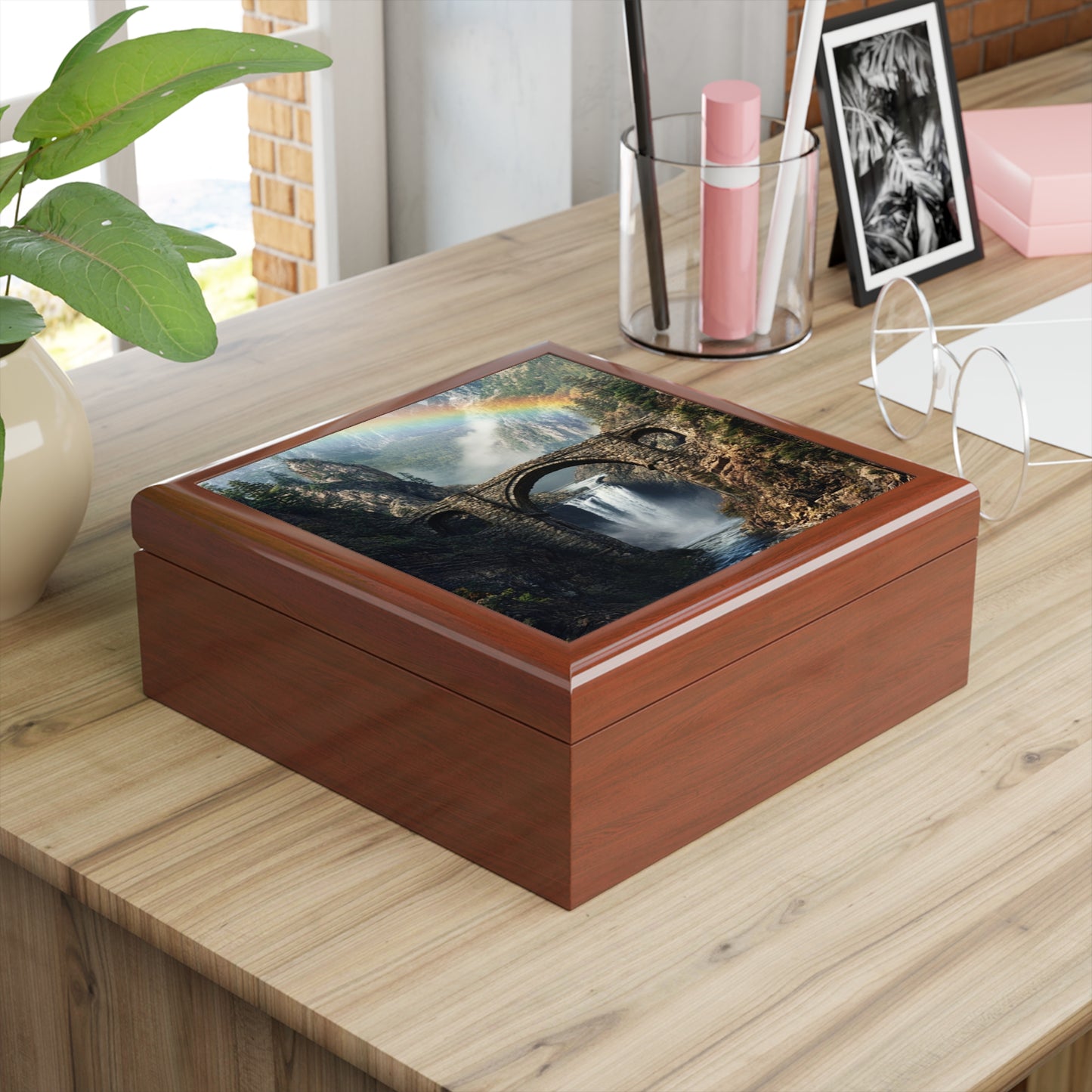 Jewelry Box - Scenic Stone Bridge Waterfall with Rainbow Keepsake Box
