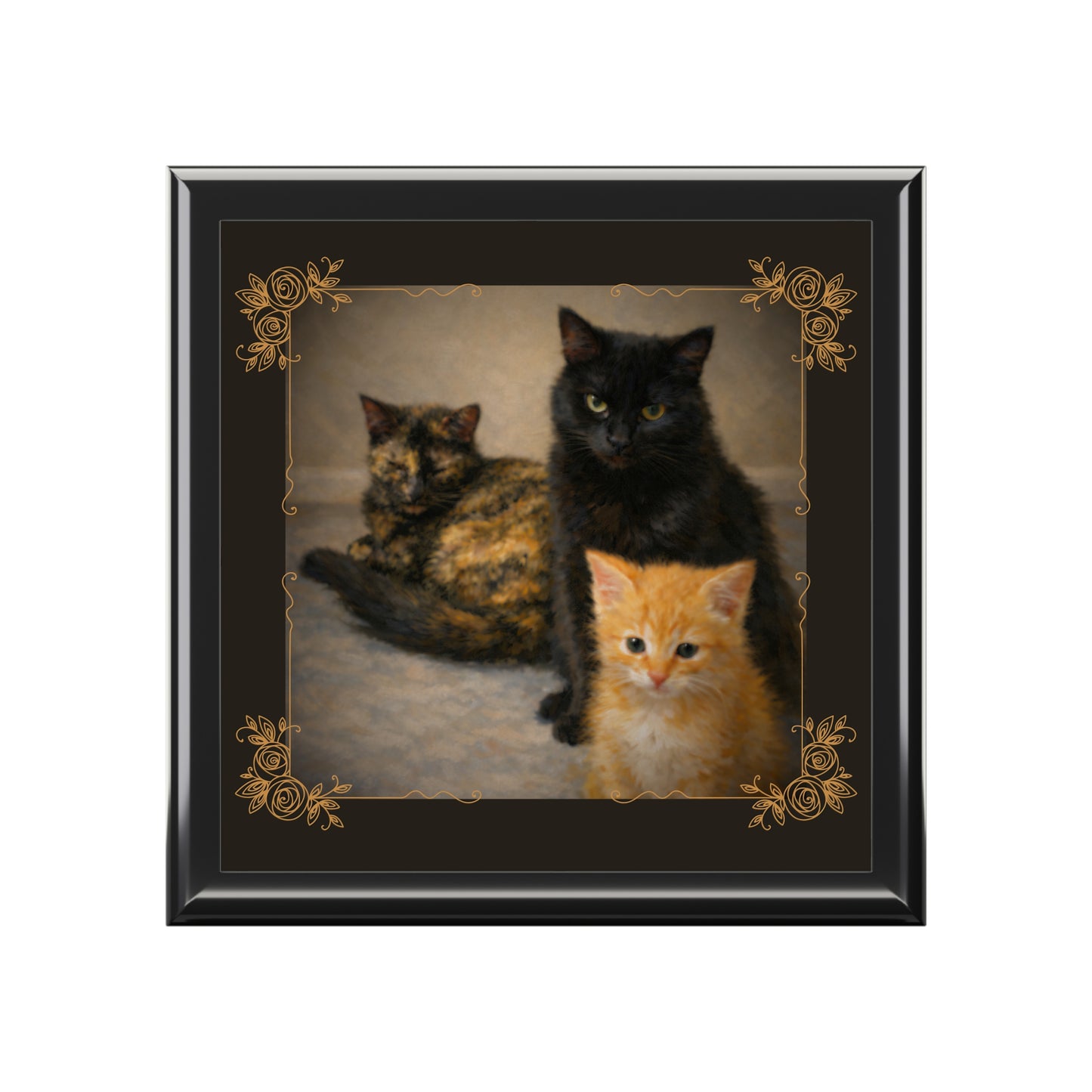 Cat Family Jewelry Box — Decorative Keepsake Box with Black, Tortoiseshell & Orange Kitten Art