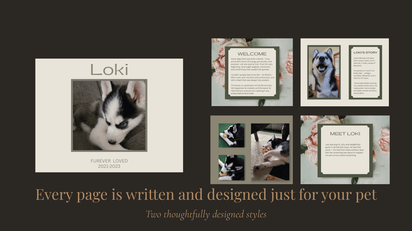 Personalized Pet Memorial Book - Custom Tribute Keepsake showcasing memories of Loki, honoring cherished pets.