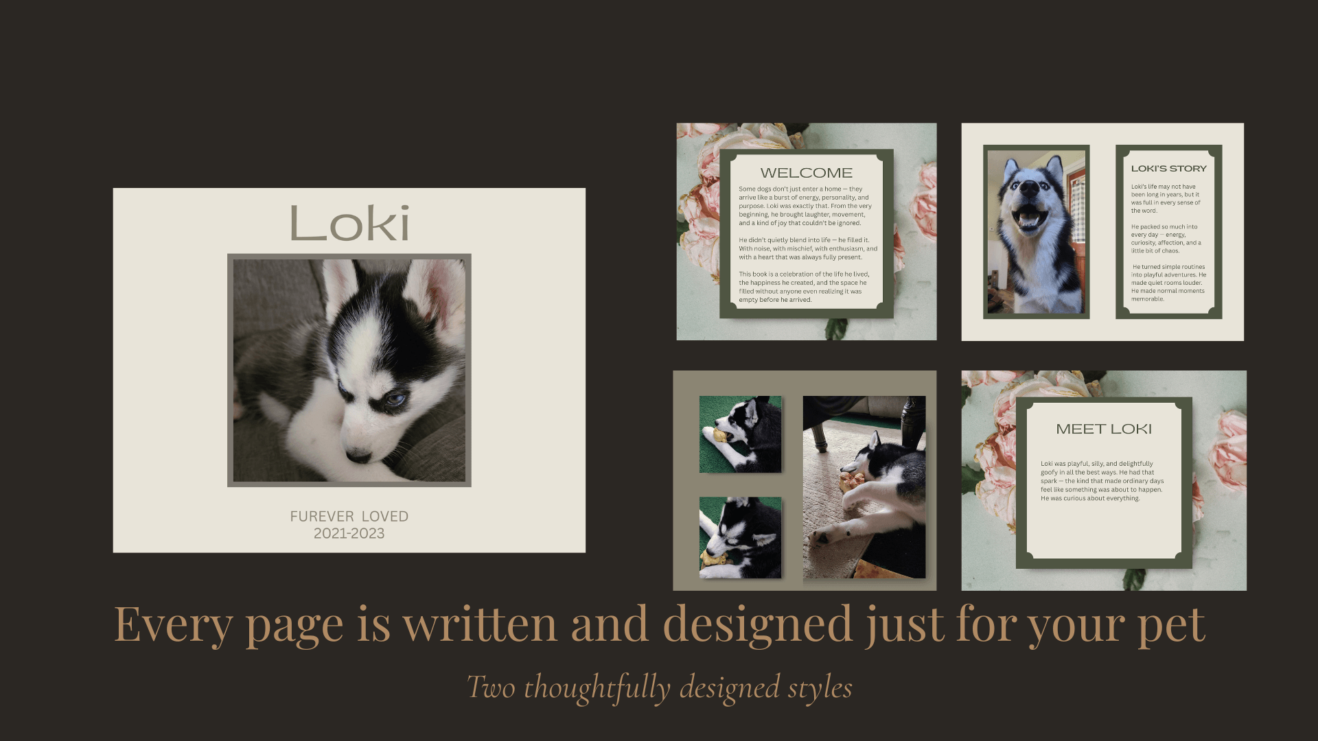 Personalized Pet Memorial Book - Custom Tribute Keepsake showcasing memories of Loki, honoring cherished pets.