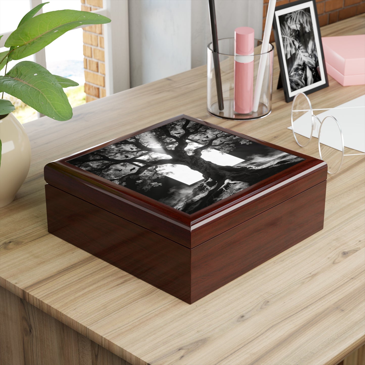 Gothic Tree Jewelry Box – Black & White Mystical Keepsake