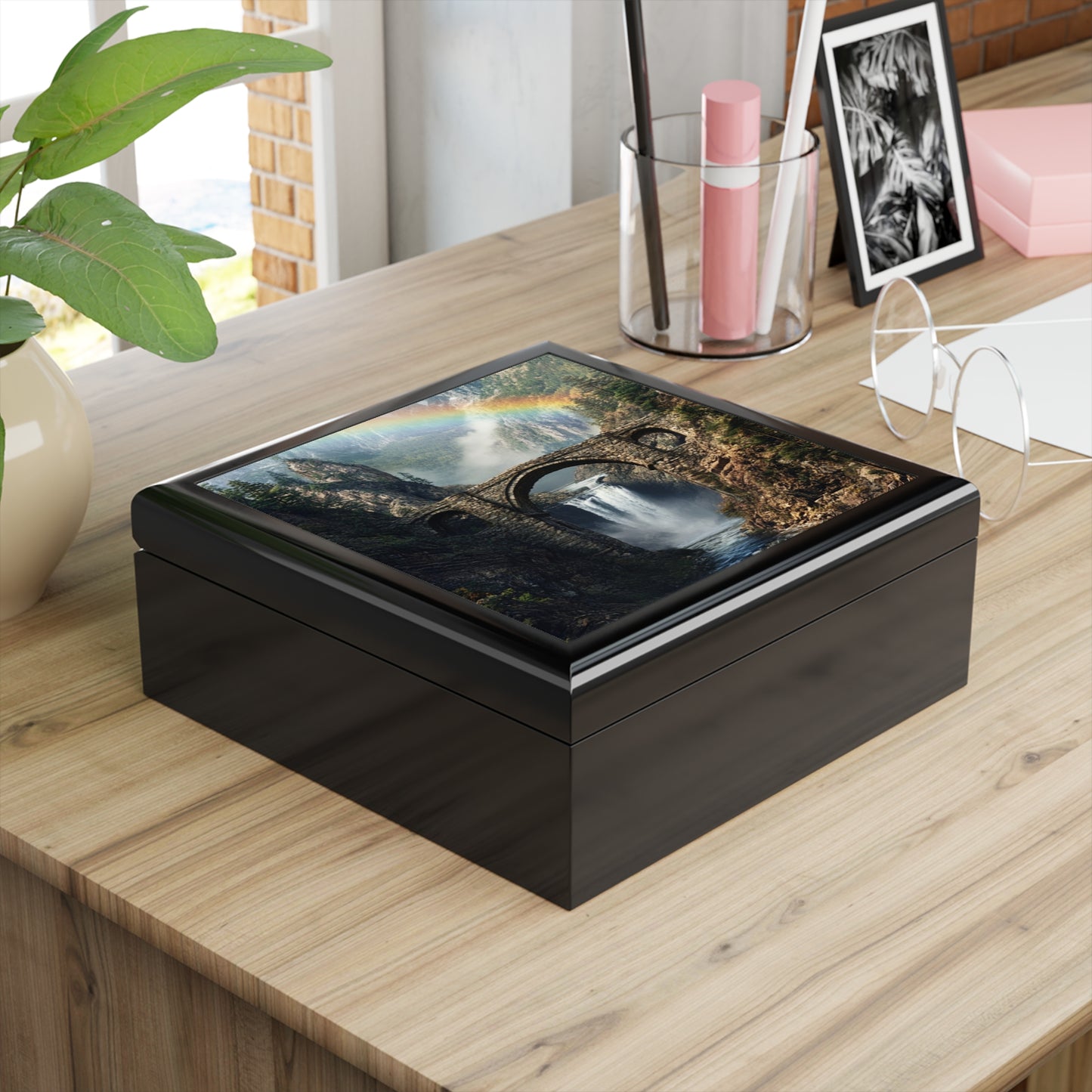 Jewelry Box - Scenic Stone Bridge Waterfall with Rainbow Keepsake Box