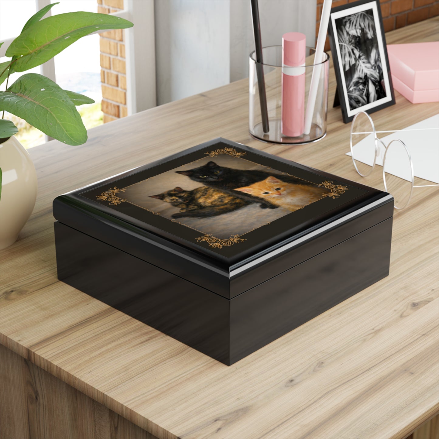 Cat Family Jewelry Box — Decorative Keepsake Box with Black, Tortoiseshell & Orange Kitten Art