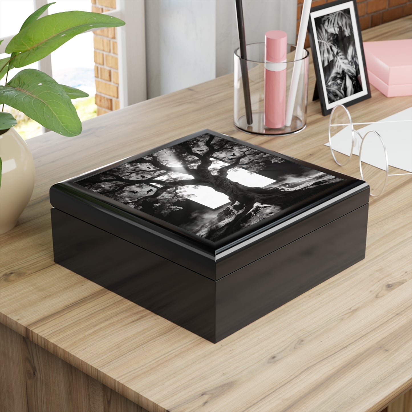Gothic Tree Jewelry Box – Black & White Mystical Keepsake