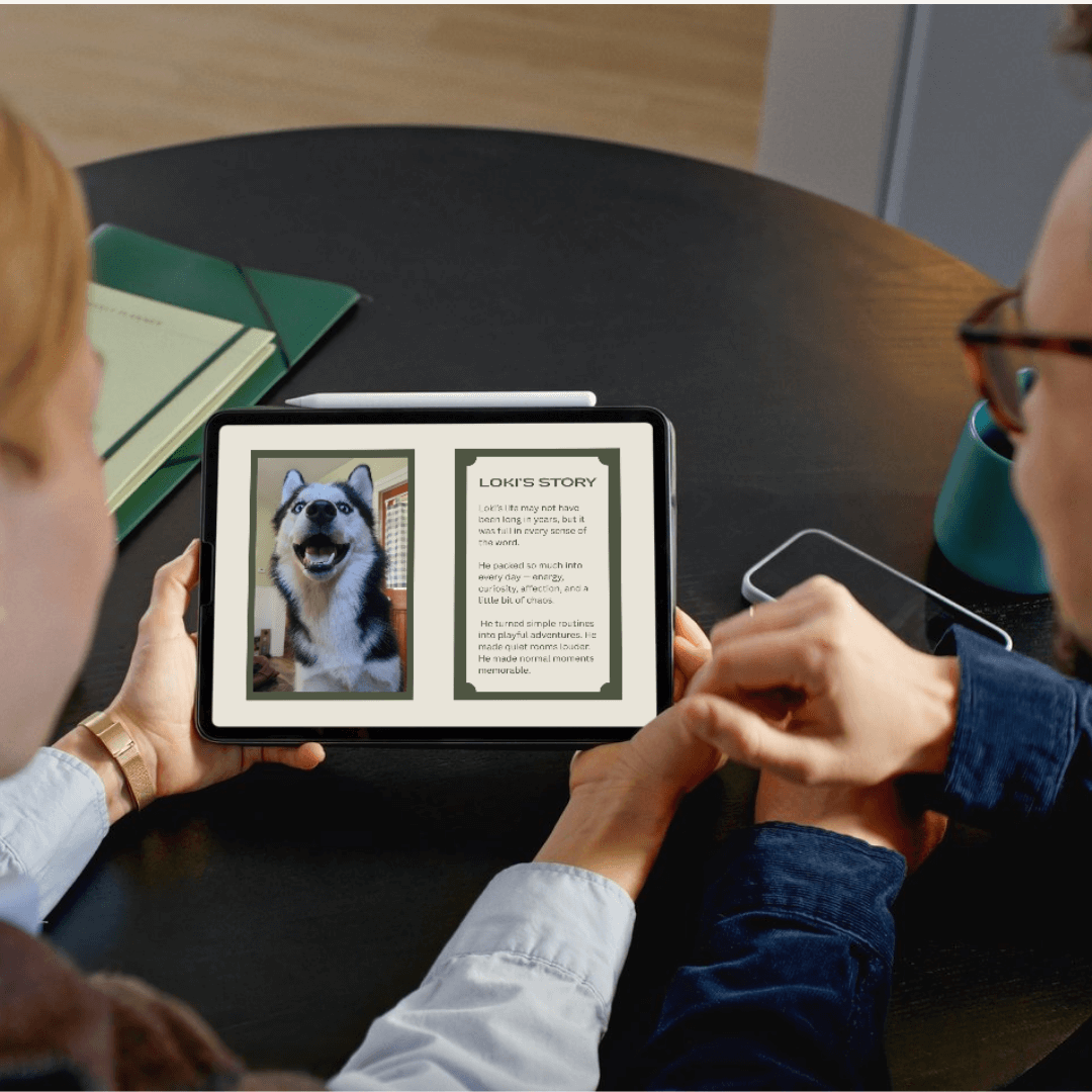 Personalized Pet Memorial Book - Custom Tribute Keepsake displayed on tablet, showcasing a cherished pet's story.