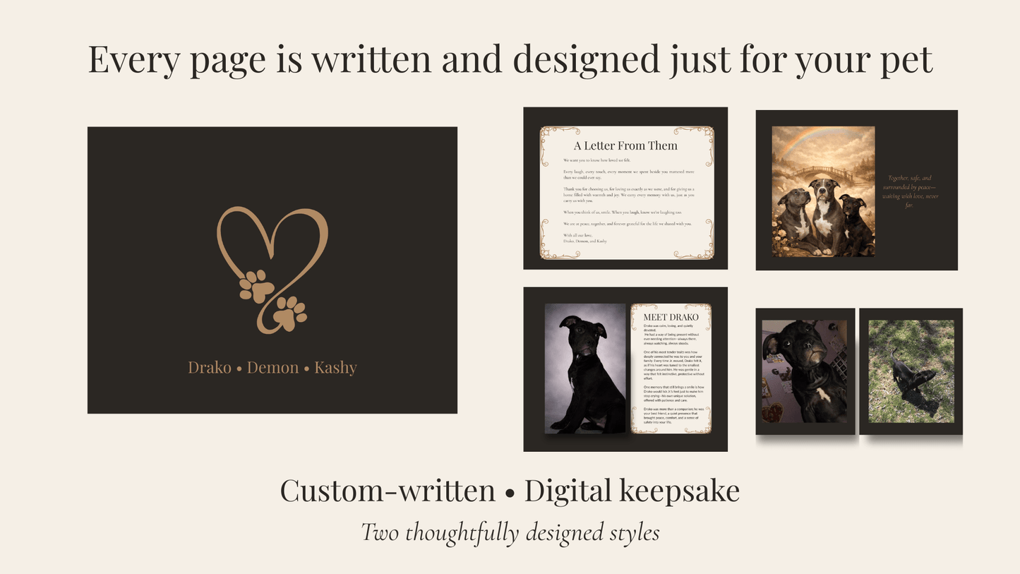 Personalized Pet Memorial Book - Custom Tribute Keepsake showcasing custom-written digital pages for pets.