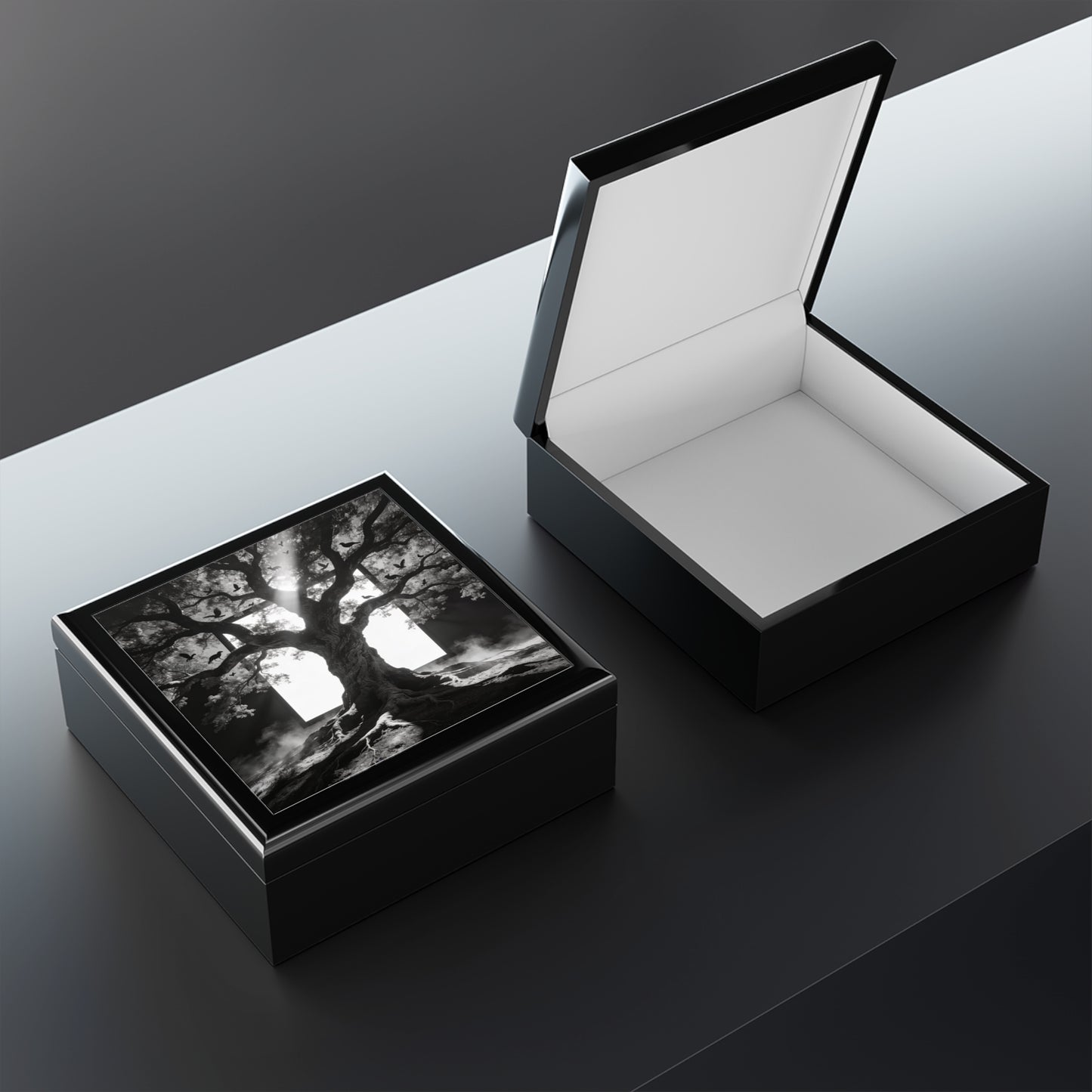 Gothic Tree Jewelry Box – Black & White Mystical Keepsake