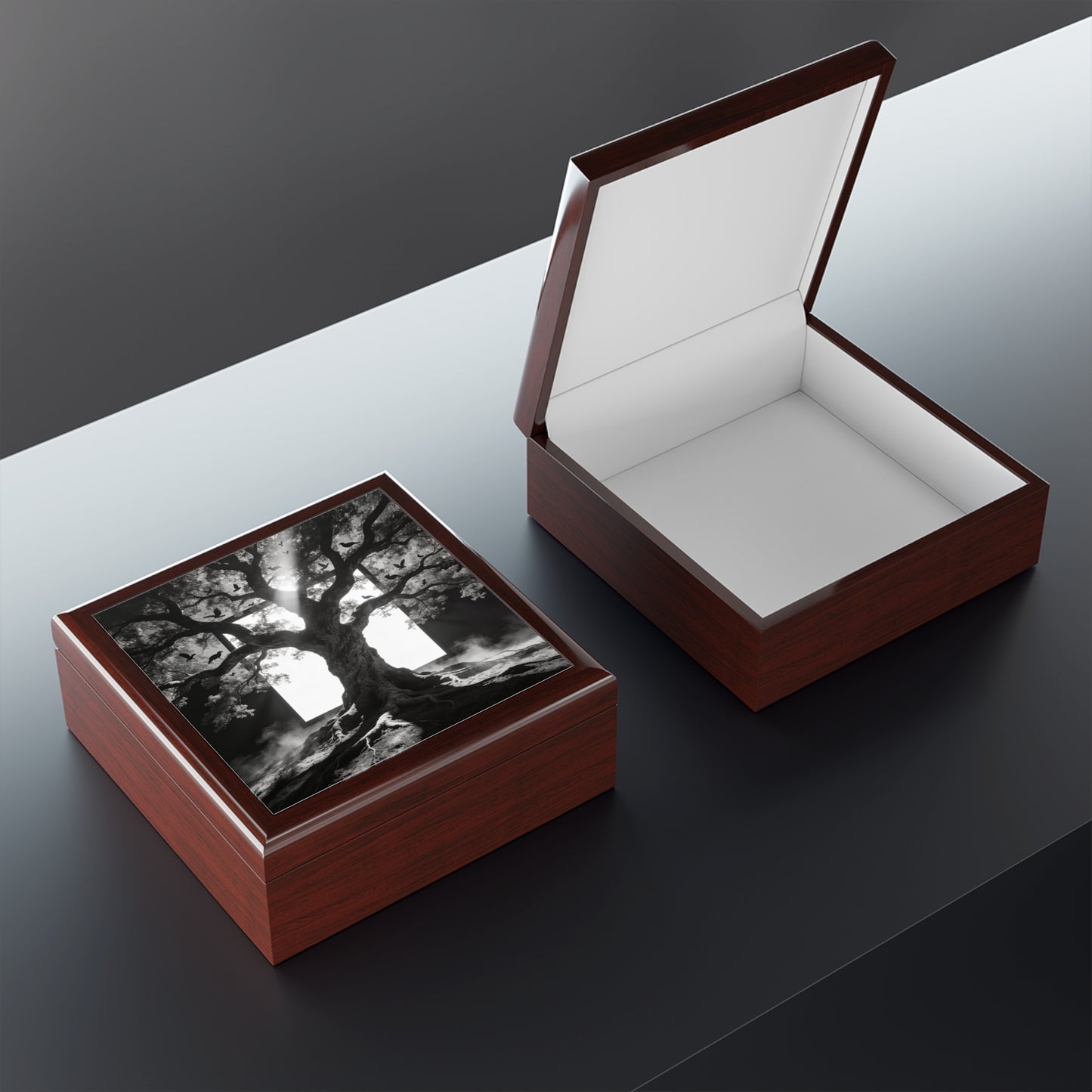 Gothic Tree Jewelry Box – Black & White Mystical Keepsake