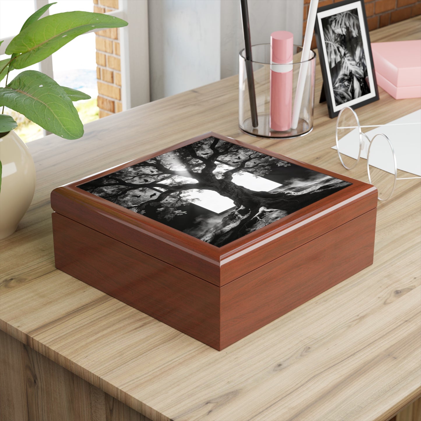 Gothic Tree Jewelry Box – Black & White Mystical Keepsake