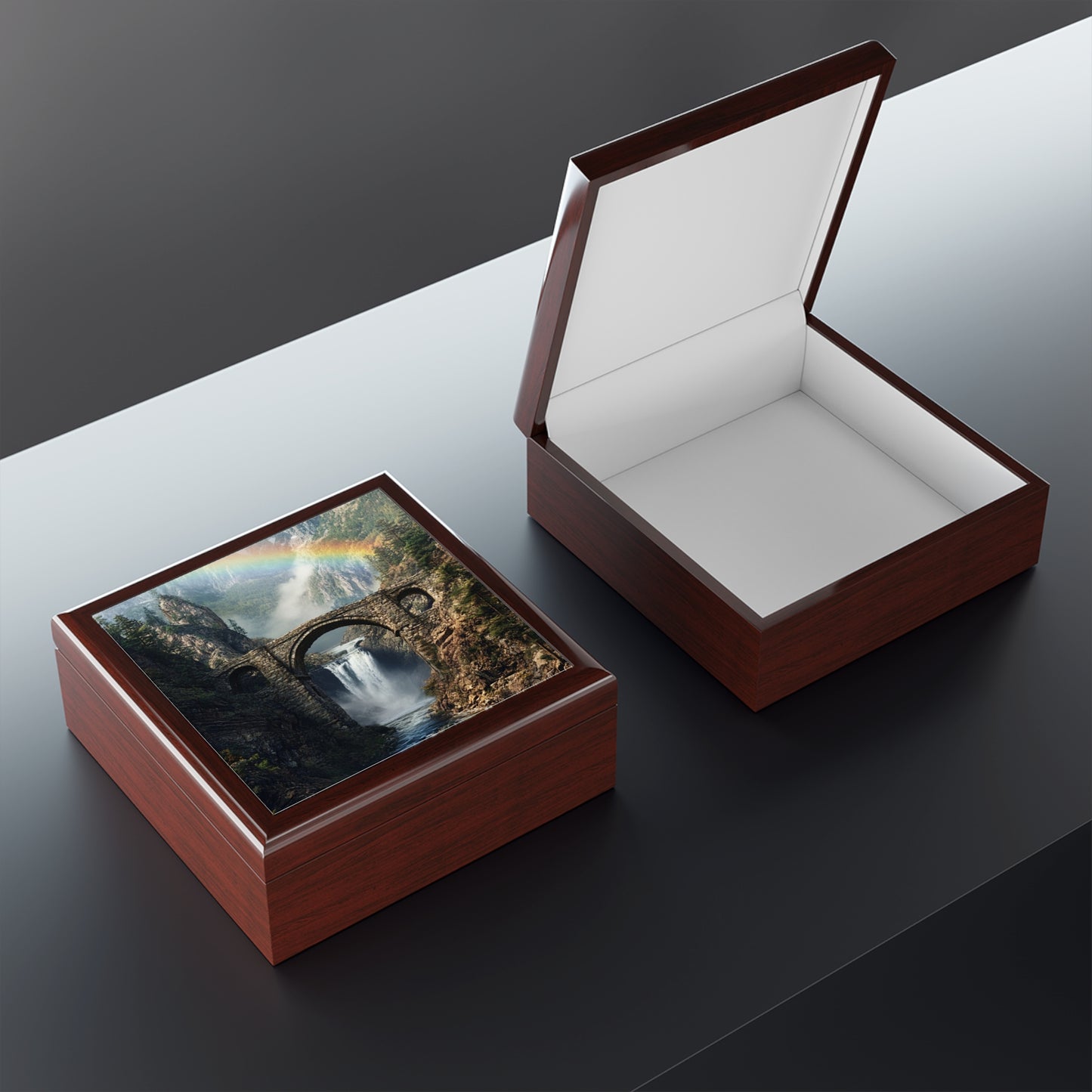 Jewelry Box - Scenic Stone Bridge Waterfall with Rainbow Keepsake Box
