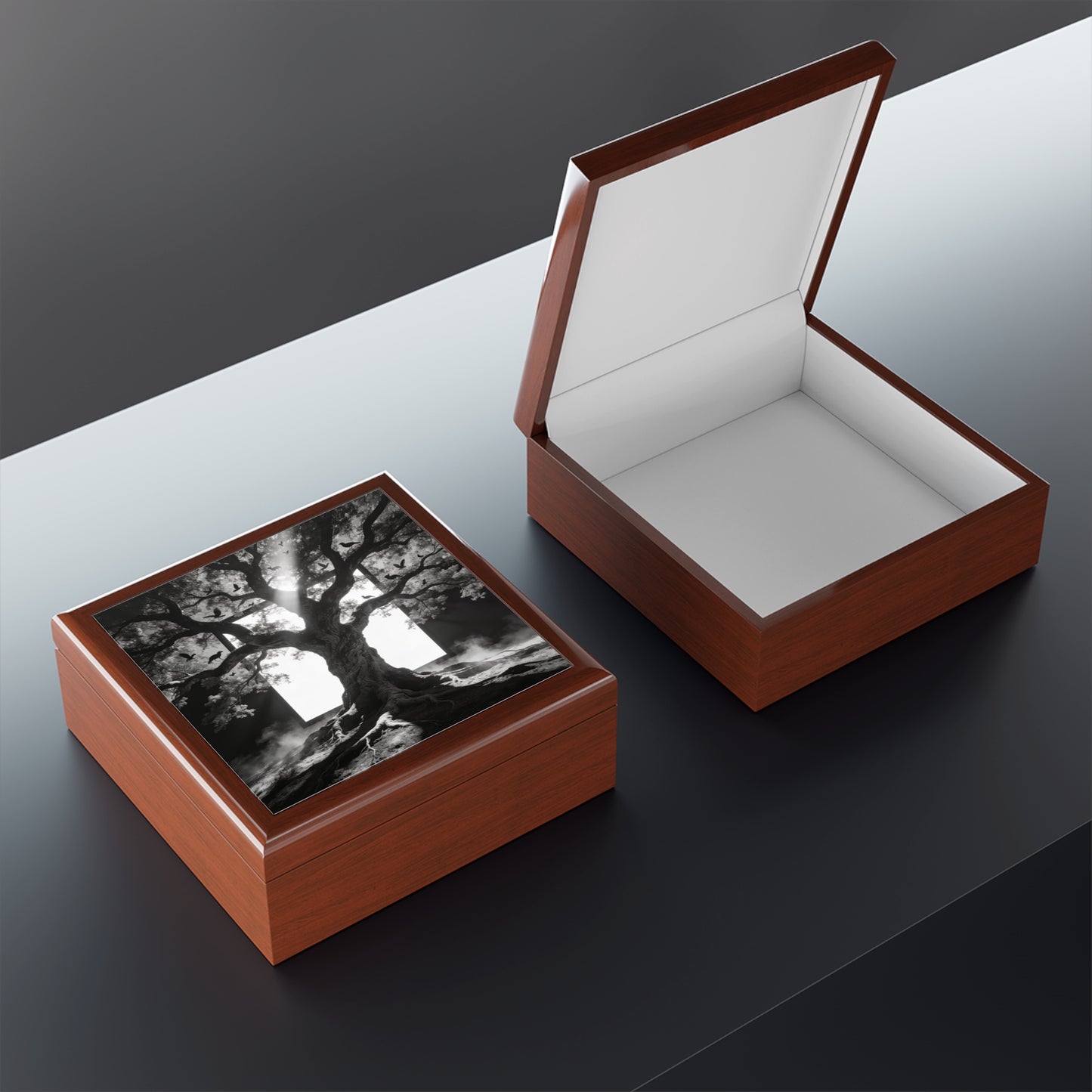 Gothic Tree Jewelry Box – Black & White Mystical Keepsake