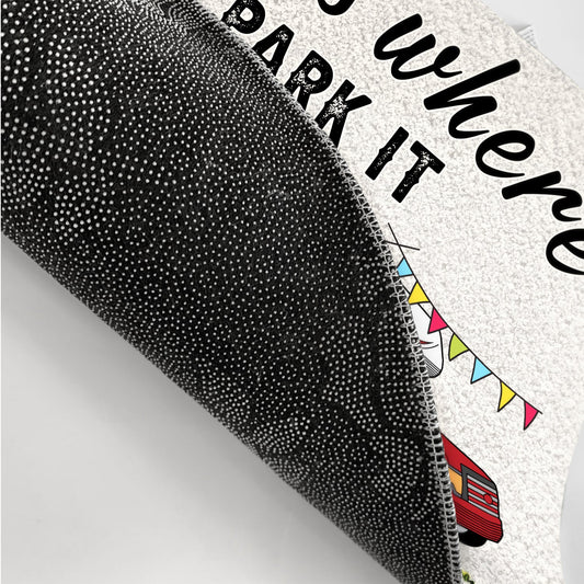 Personalized camping doormat with "Home is where we park it" text and camping illustrations.