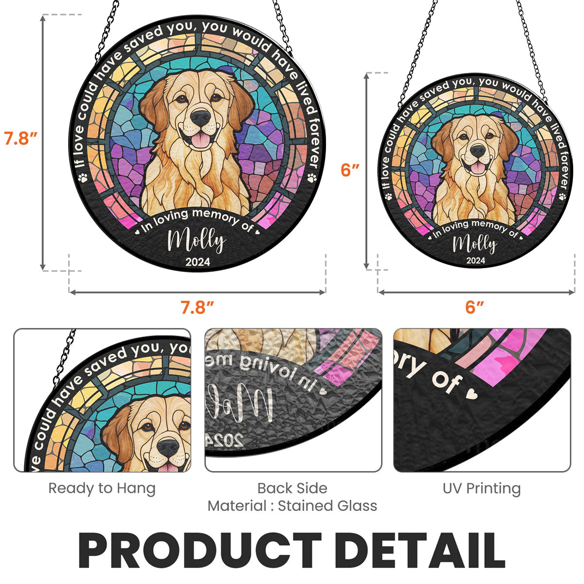 Custom Golden Retriever suncatcher, stained glass, personalized name & year. Window decor.